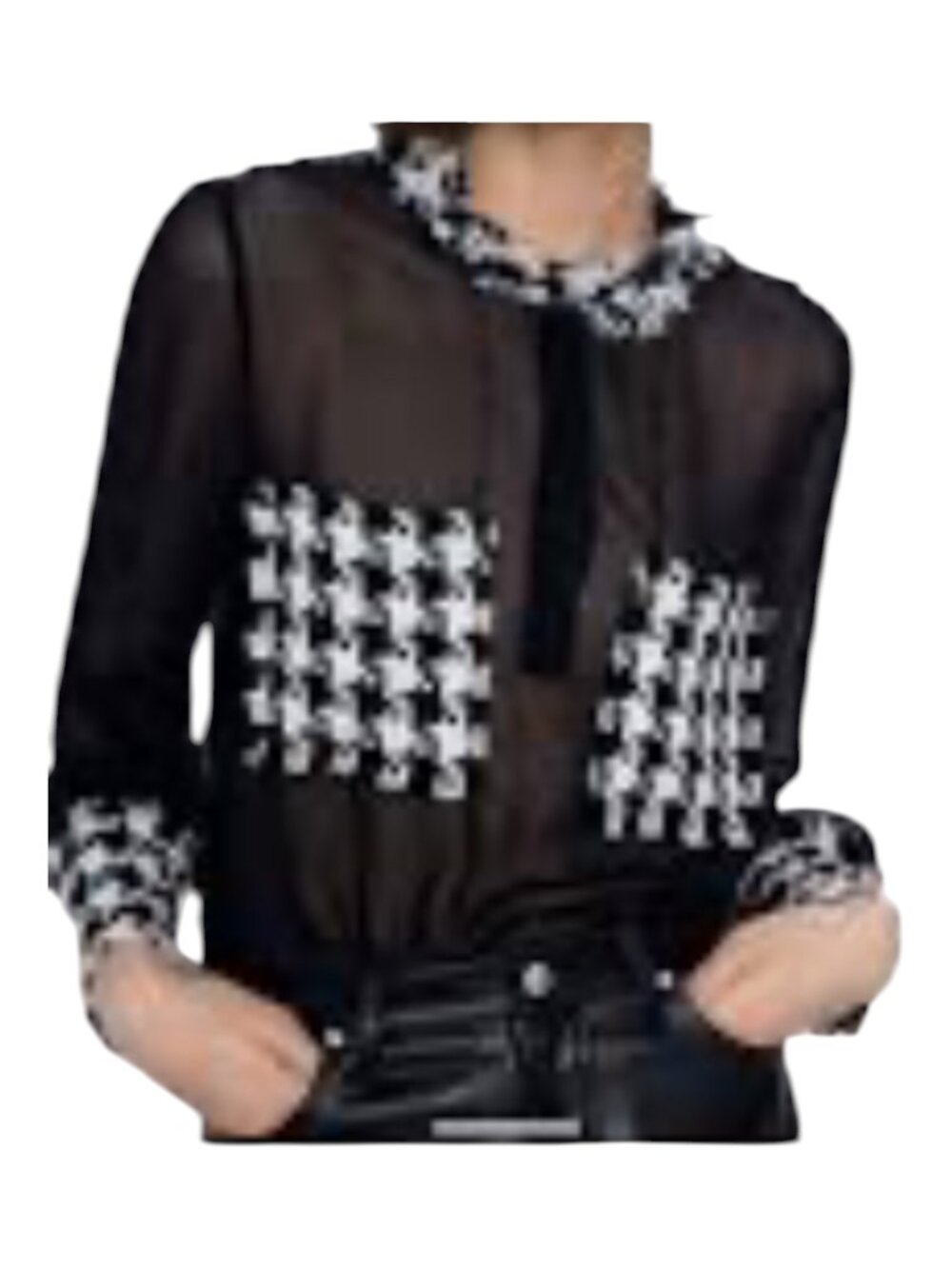 Zara Women’s S Black Sheer Chiffon Houndstooth Tweed Pocket Blouse Old Money